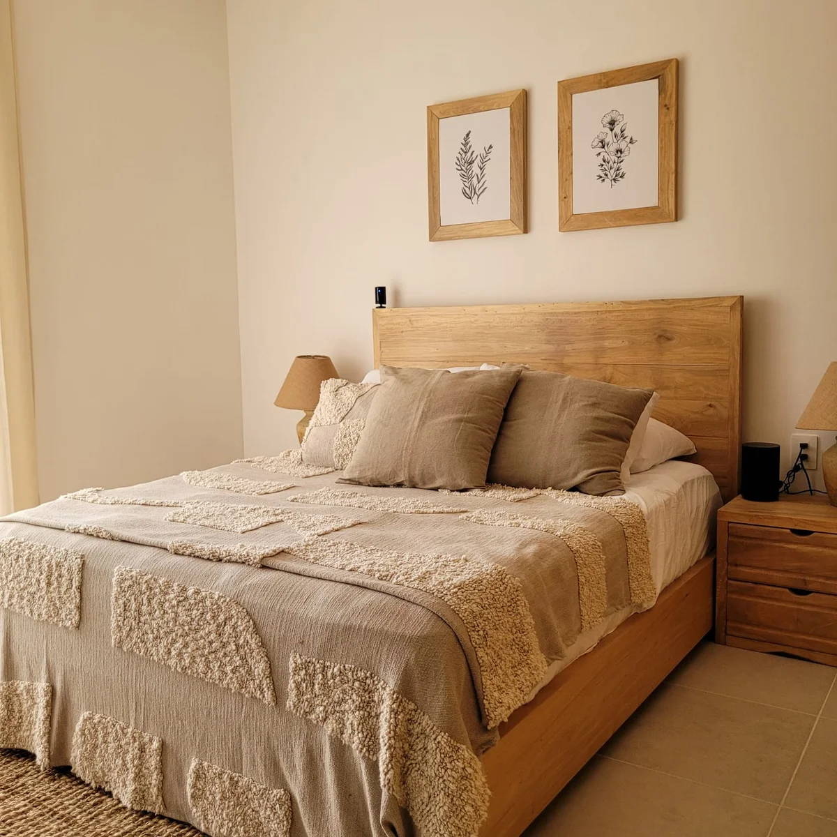 View of Bedroom at Fabula, showcasing Wood Furniture, Neutral Tones.