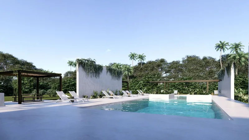 A high-quality architectural render showcasing a modern, open-air bar and dining area within the Oasis XpuHa development. The space features contemporary dark metal and woven rattan chairs, square wooden tables, and sleek black ceiling fans. Behin...