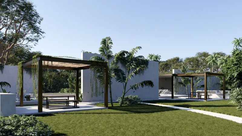 A high-quality architectural render showcasing a modern, open-air bar and dining area within the Oasis XpuHa development. The space features contemporary dark metal and woven rattan chairs, square wooden tables, and sleek black ceiling fans. Behin...