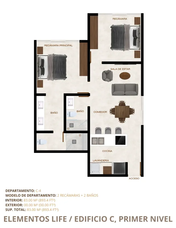 A collection of five detailed floor plans for units C-1, C-2, C-3, C-4, and C-6 in Elementos Life's Building C, First Level. Each plan illustrates the layout of bedrooms, bathrooms, living areas, kitchen, and laundry, along with interior and total...