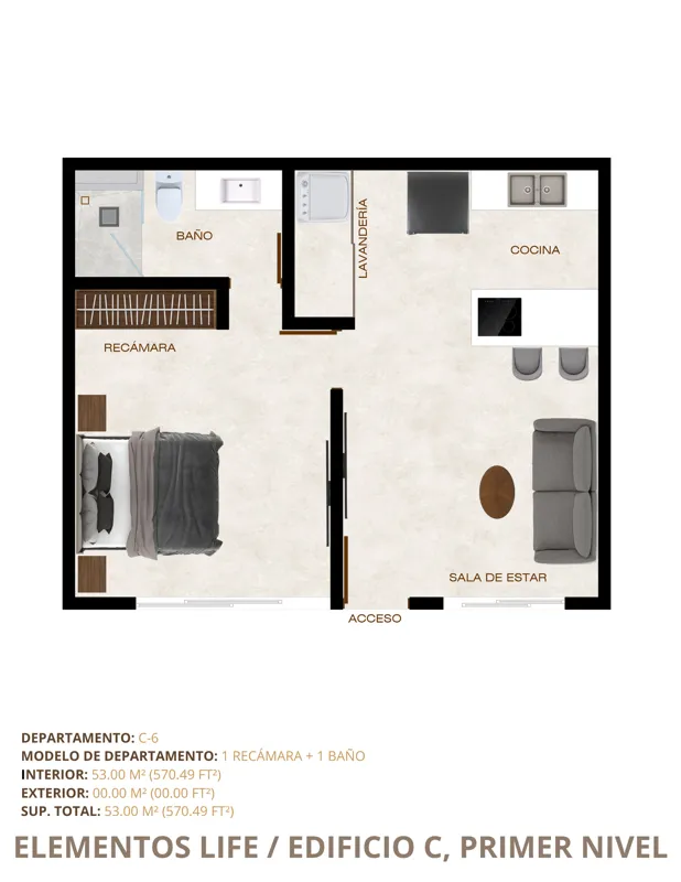 A collection of five detailed floor plans for units C-1, C-2, C-3, C-4, and C-6 in Elementos Life's Building C, First Level. Each plan illustrates the layout of bedrooms, bathrooms, living areas, kitchen, and laundry, along with interior and total...