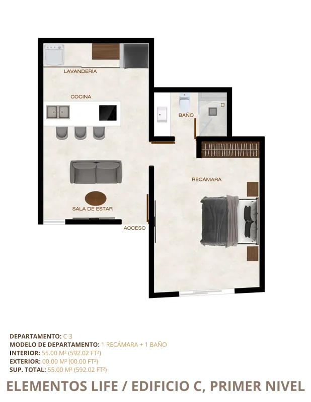 A collection of five detailed floor plans for units C-1, C-2, C-3, C-4, and C-6 in Elementos Life's Building C, First Level. Each plan illustrates the layout of bedrooms, bathrooms, living areas, kitchen, and laundry, along with interior and total...