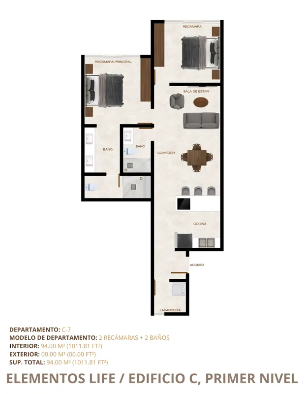 Detailed floor plan for apartment C-7 in Elementos Life's Building C, located on the first level. The plan illustrates a 2-bedroom, 2-bathroom unit with a principal bedroom, a secondary bedroom, two full bathrooms, a living room, dining room, kitc...