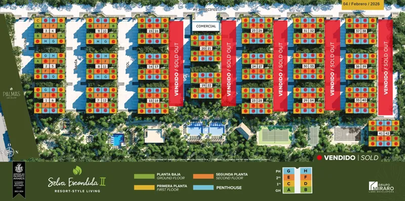 An aerial site plan of the Selva Escondida II development dated February 4, 2026, displaying residential buildings and amenities. Multiple buildings are prominently marked with red 'VENDIDO / SOLD OUT' banners, while others show individual units c...