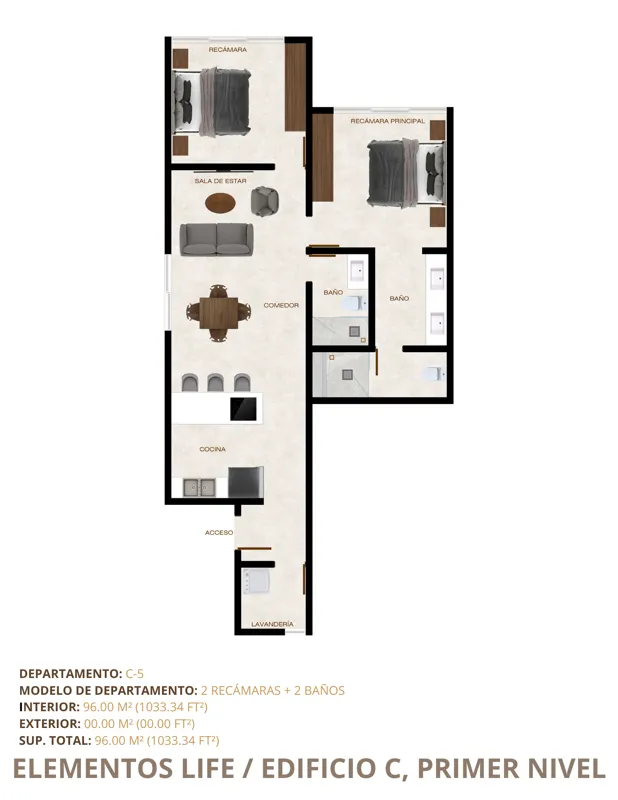 Detailed floor plans for three units (C-5, C-8, C-9) in Elementos Life's Building C, First Level, showing layouts with 1 or 2 bedrooms, bathrooms, living areas, kitchens, and total square footage in both square meters and square feet.