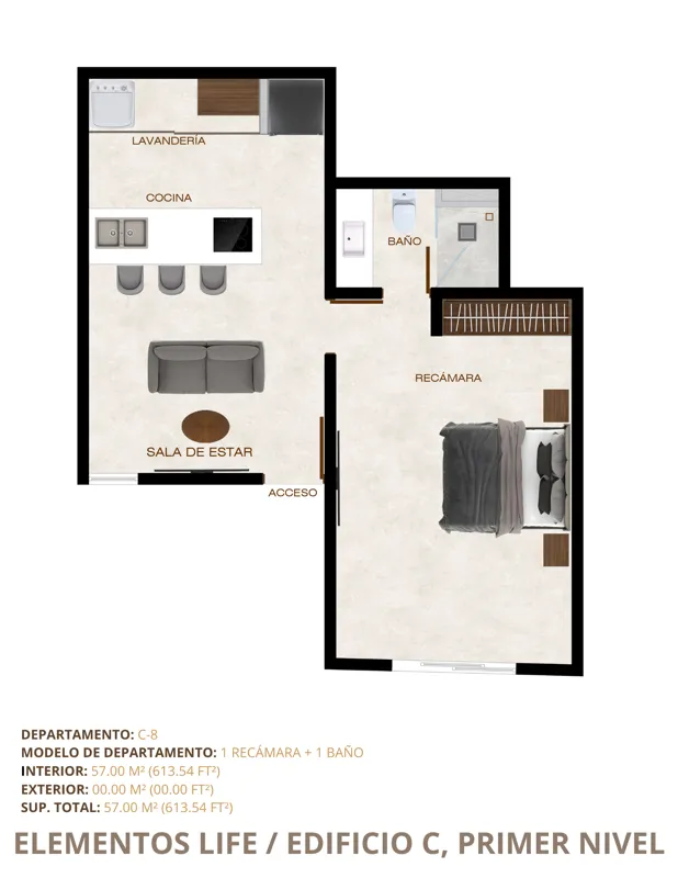 Detailed floor plans for three units (C-5, C-8, C-9) in Elementos Life's Building C, First Level, showing layouts with 1 or 2 bedrooms, bathrooms, living areas, kitchens, and total square footage in both square meters and square feet.