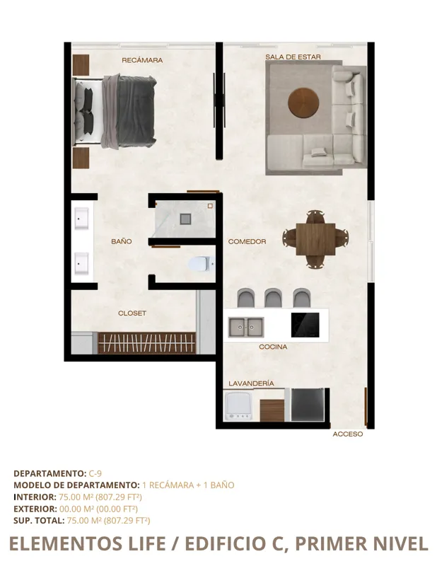 Detailed floor plans for three units (C-5, C-8, C-9) in Elementos Life's Building C, First Level, showing layouts with 1 or 2 bedrooms, bathrooms, living areas, kitchens, and total square footage in both square meters and square feet.
