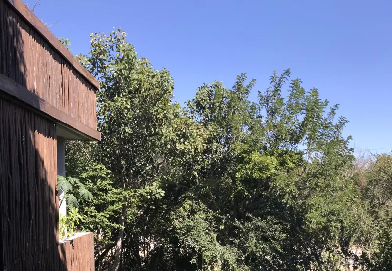 A modern kitchen in a Humana unit featuring dark grey upper cabinets, dark wood lower cabinets, a black countertop, a stainless steel refrigerator, and a breakfast bar, all set against dark tiled floors.