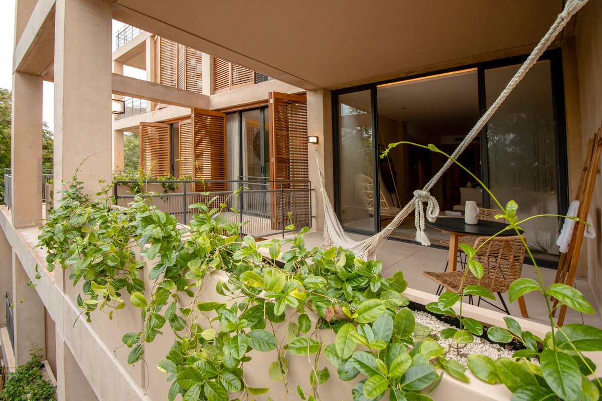 View of Private Balcony at The Village, showcasing Outdoor Living Space, Modern Architectural Design.