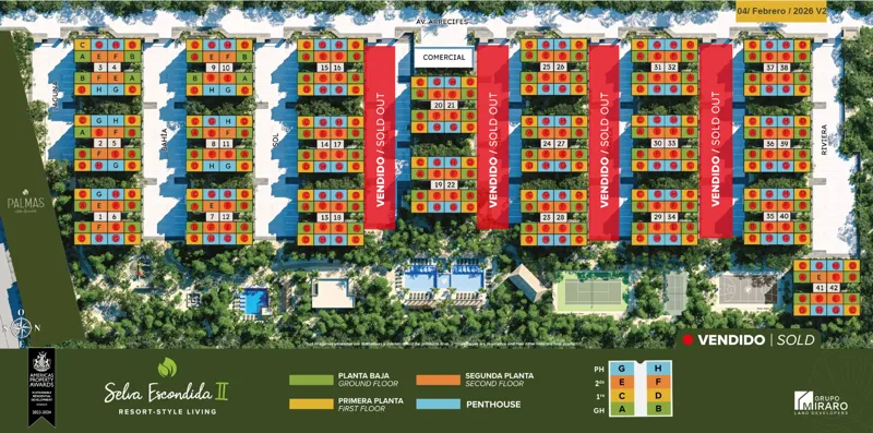 An aerial site plan of Selva Escondida II, a resort-style development, dated February 4, 2026. The map displays numerous residential buildings with individual units color-coded by floor level (Ground, First, Second, Penthouse). Prominent red banne...