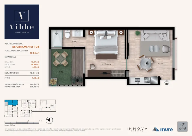 Detailed floor plan for Vibbe's 'Departamento 103' on the first floor, illustrating a one-bedroom layout with a living room, dining area, kitchen, bathroom, bedroom, and an outdoor patio. The plan includes specific area measurements in square mete...