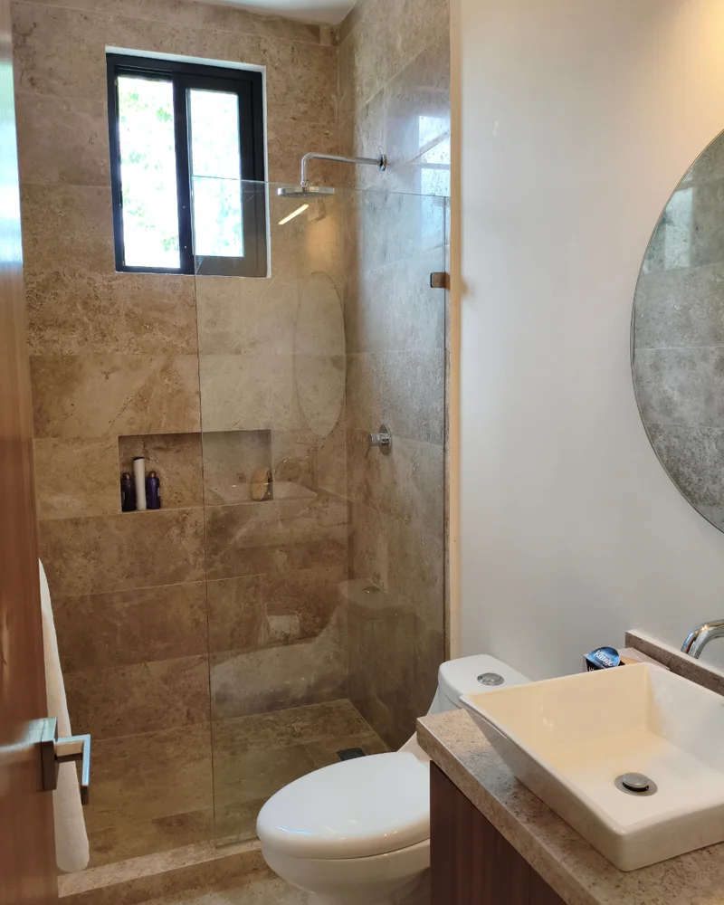 View of Modern Bathroom at Poc Ta Poc, showcasing Walk-in Shower, Vessel Sink.