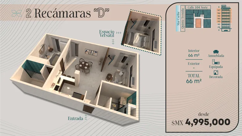 A 3D rendered floor plan of Maia's 2-bedroom 'D' unit, showcasing a living area, dining space, kitchen, two bedrooms, and bathrooms, with an inset highlighting a versatile space. The image also details unit specifications (66 m² total, furnished, ...