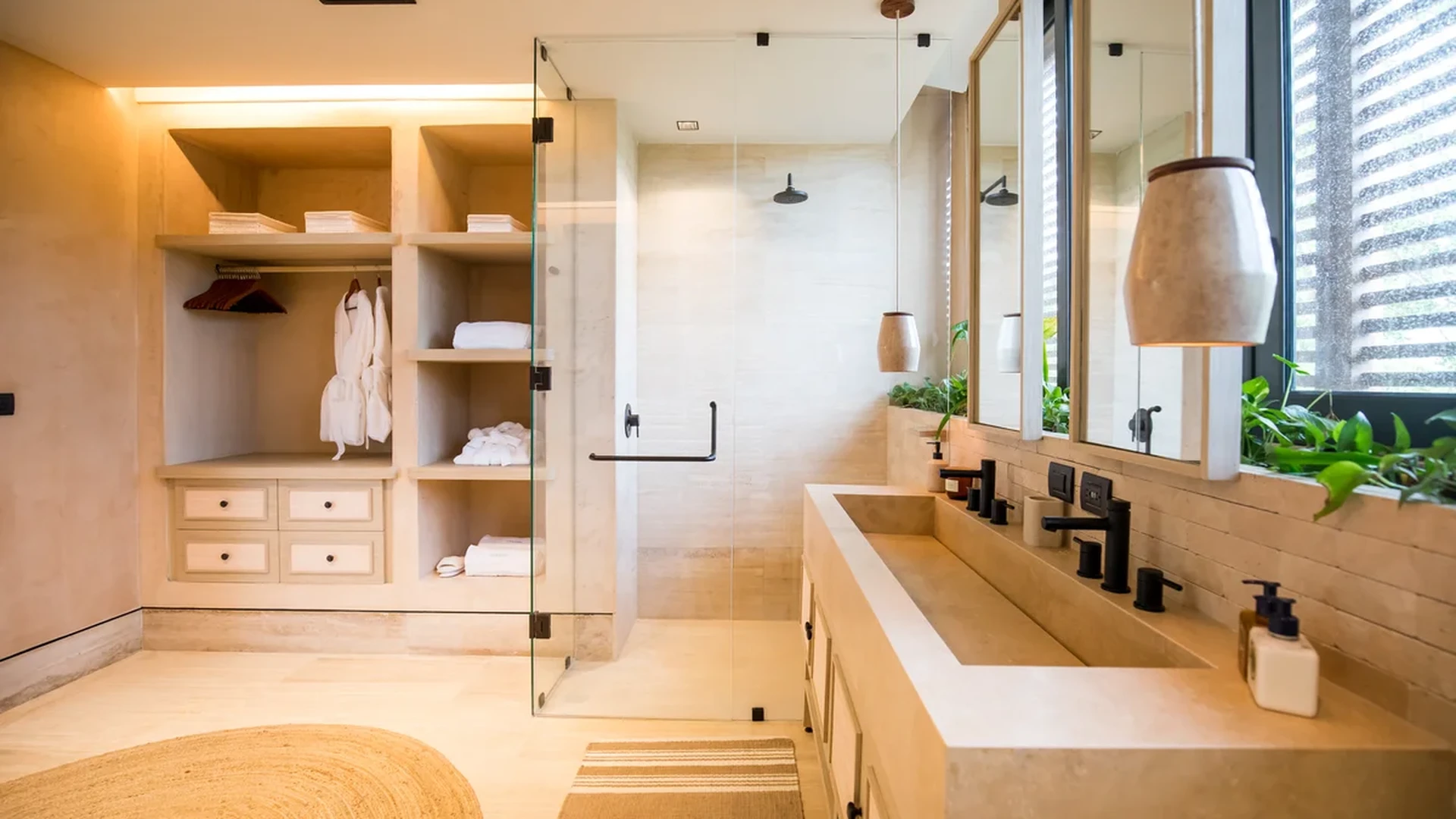 View of Luxury Bathroom at Palm Villas, showcasing Modern Bathroom Design, Walk-in Shower.