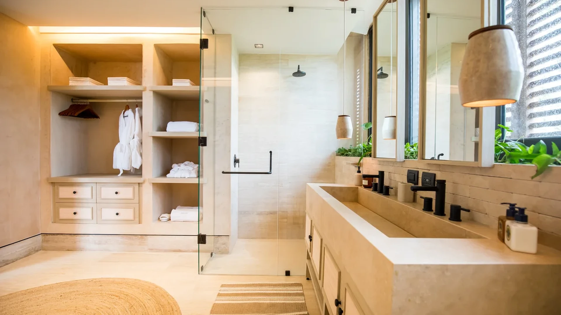 View of Modern Bathroom at Palm Villas, showcasing Double Vanity, Walk-in Shower.