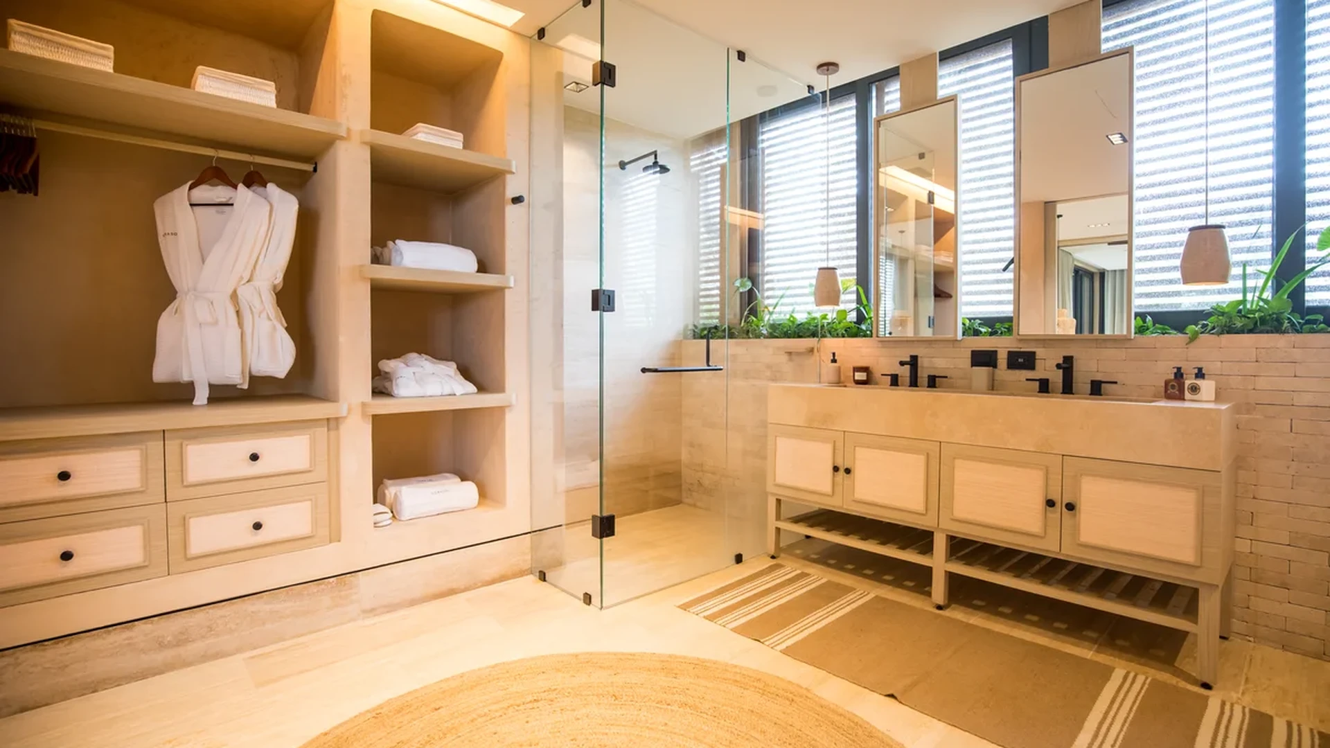 View of Modern Bathroom at Palm Villas, showcasing Spacious Bathroom, Dual Vanity.
