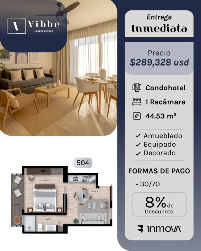 A promotional flyer for Vibbe Luxury Condos, showcasing either the modern building exterior or a stylish interior of a one-bedroom unit, accompanied by its floor plan. The flyer details 'Immediate Delivery', unit price in USD, features like 'Condo...