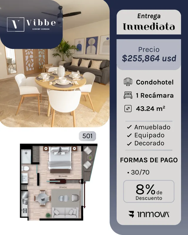 A promotional flyer for Vibbe Luxury Condos, showcasing either the modern building exterior or a stylish interior of a one-bedroom unit, accompanied by its floor plan. The flyer details 'Immediate Delivery', unit price in USD, features like 'Condo...