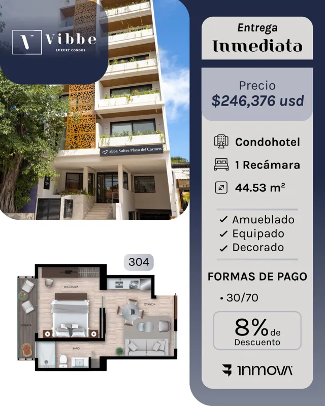 A promotional flyer for Vibbe Luxury Condos, showcasing either the modern building exterior or a stylish interior of a one-bedroom unit, accompanied by its floor plan. The flyer details 'Immediate Delivery', unit price in USD, features like 'Condo...