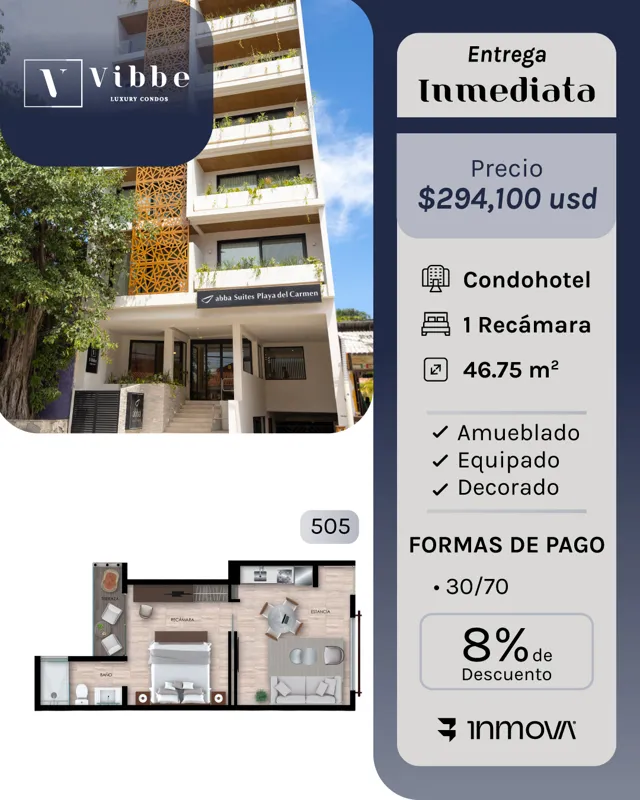 A promotional flyer for Vibbe Luxury Condos, showcasing either the modern building exterior or a stylish interior of a one-bedroom unit, accompanied by its floor plan. The flyer details 'Immediate Delivery', unit price in USD, features like 'Condo...