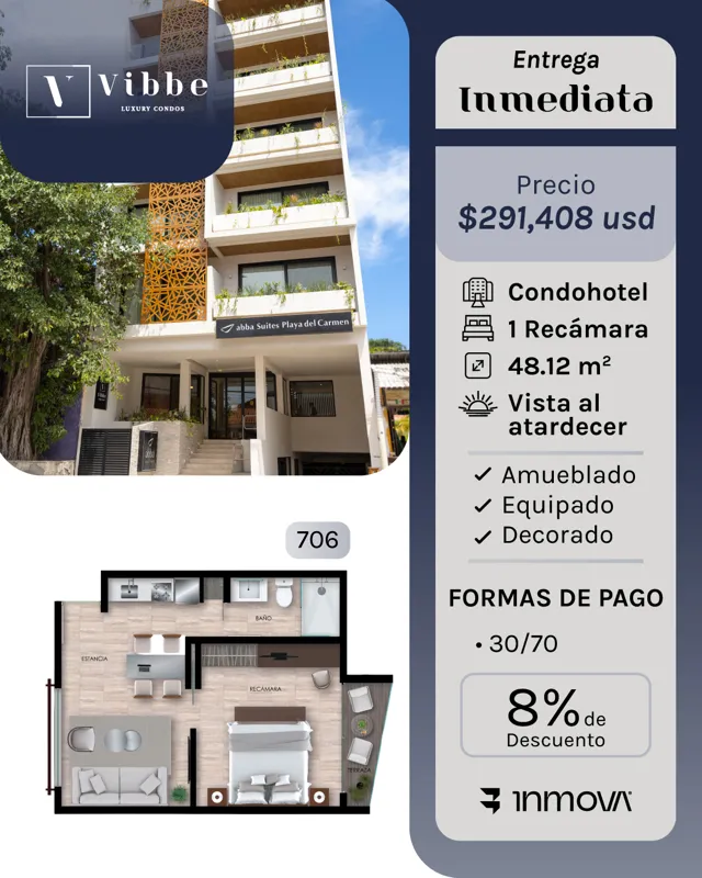 A promotional flyer for Vibbe Luxury Condos, showcasing either the modern building exterior or a stylish interior of a one-bedroom unit, accompanied by its floor plan. The flyer details 'Immediate Delivery', unit price in USD, features like 'Condo...
