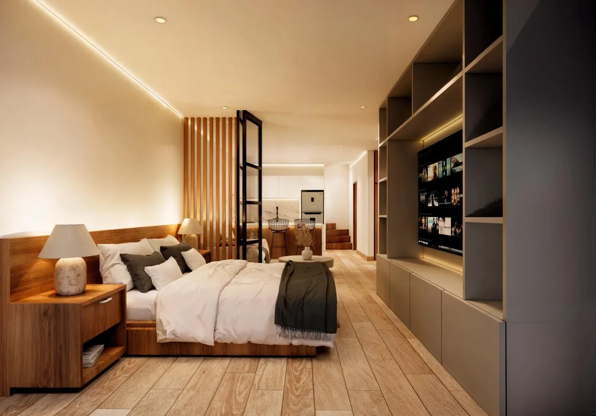 View of Studio Apartment at Elysium, showcasing Modern Bedroom, Open Concept Living.
