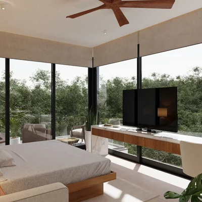 View of Modern Bedroom at Elysium, showcasing Floor-to-Ceiling Windows, Jungle View.