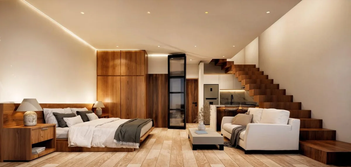 View of Modern Studio Apartment at Elysium, showcasing Open Concept Living, Wood Accents.