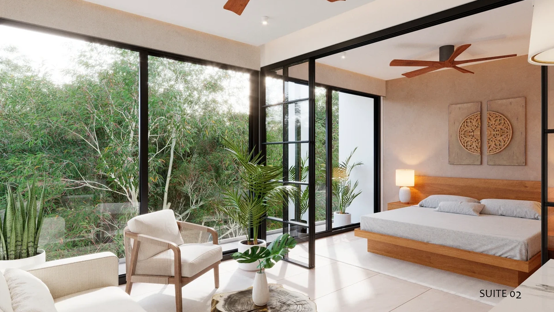View of Modern Bedroom at Elysium, showcasing Jungle View, Floor-to-ceiling Windows.