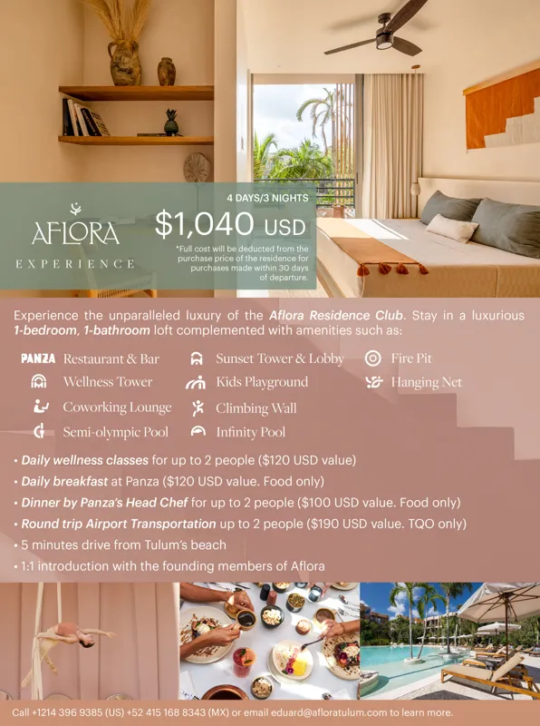 A luxurious 1-bedroom residence at Aflora, featuring a modern bedroom with a comfortable bed, stylish decor, and a balcony offering views of tropical foliage, illustrating the exclusive preview stay offer.