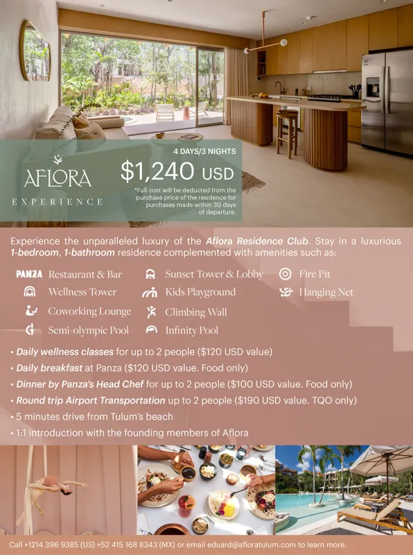 A luxurious 1-bedroom residence at Aflora, featuring a modern bedroom with a comfortable bed, stylish decor, and a balcony offering views of tropical foliage, illustrating the exclusive preview stay offer.