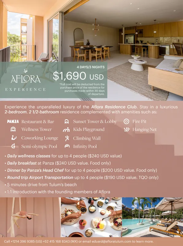 A luxurious 1-bedroom residence at Aflora, featuring a modern bedroom with a comfortable bed, stylish decor, and a balcony offering views of tropical foliage, illustrating the exclusive preview stay offer.