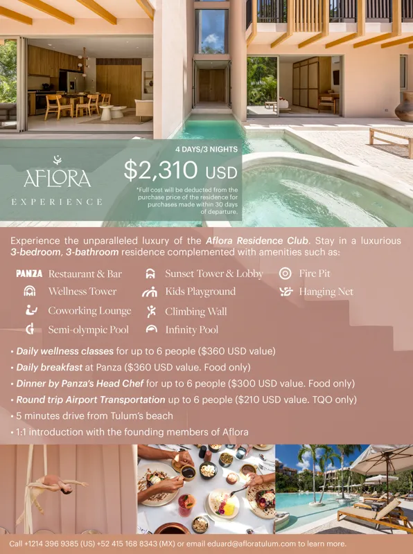 A luxurious 1-bedroom residence at Aflora, featuring a modern bedroom with a comfortable bed, stylish decor, and a balcony offering views of tropical foliage, illustrating the exclusive preview stay offer.