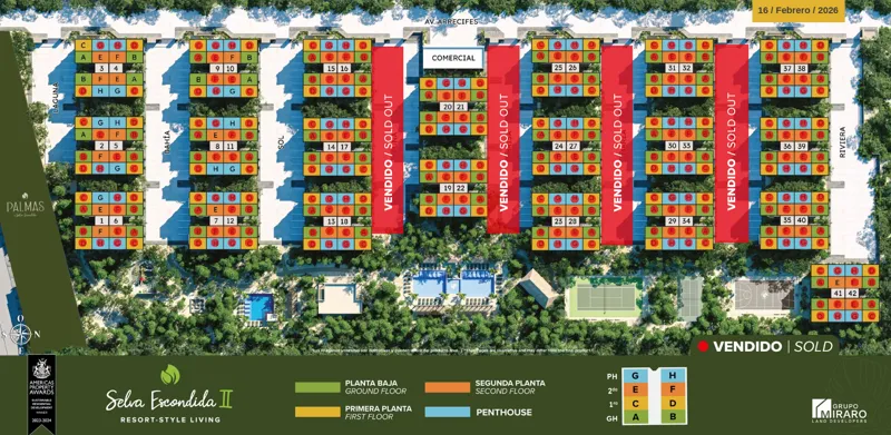 An aerial site plan of the Selva Escondida II development dated February 16, 2026, illustrating the current unit availability. The map displays multiple residential buildings with individual units color-coded by floor (Ground, First, Second, Penth...