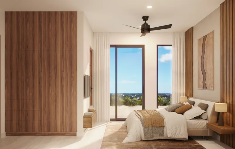 A high-quality rendering of a modern and elegantly furnished living room in a 3-bedroom condo at Central Condo Living. The space features light beige tile flooring, a large cream L-shaped sofa, a wooden coffee table with candles, and a round woode...