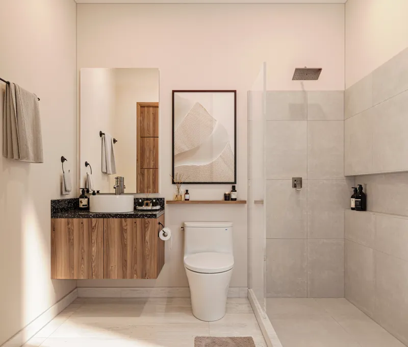 A high-quality rendering of a modern and elegantly furnished living room in a 3-bedroom condo at Central Condo Living. The space features light beige tile flooring, a large cream L-shaped sofa, a wooden coffee table with candles, and a round woode...