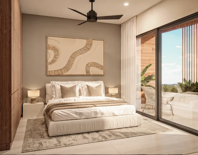 A high-quality rendering of a modern and elegantly furnished living room in a 3-bedroom condo at Central Condo Living. The space features light beige tile flooring, a large cream L-shaped sofa, a wooden coffee table with candles, and a round woode...