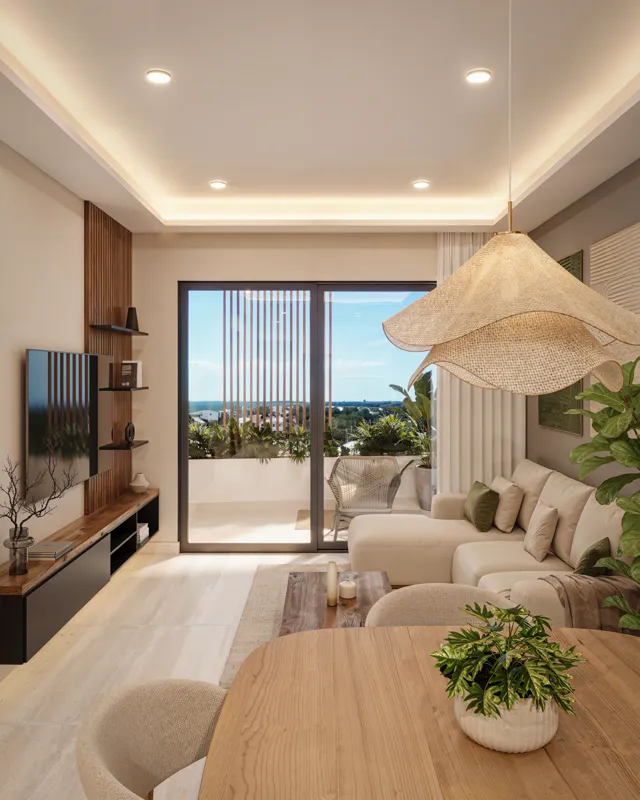 A high-quality rendering of a modern and elegantly furnished living room in a 3-bedroom condo at Central Condo Living. The space features light beige tile flooring, a large cream L-shaped sofa, a wooden coffee table with candles, and a round woode...