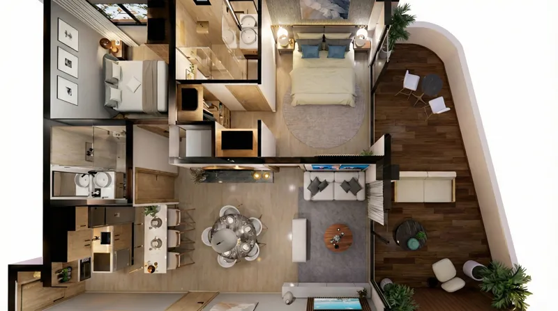 Overhead architectural render of a fully furnished two-bedroom, two-bathroom apartment at Soulam, Puerto Morelos. The unit features an open-plan living and dining area with light grey flooring, a modern kitchen with integrated appliances, and a la...
