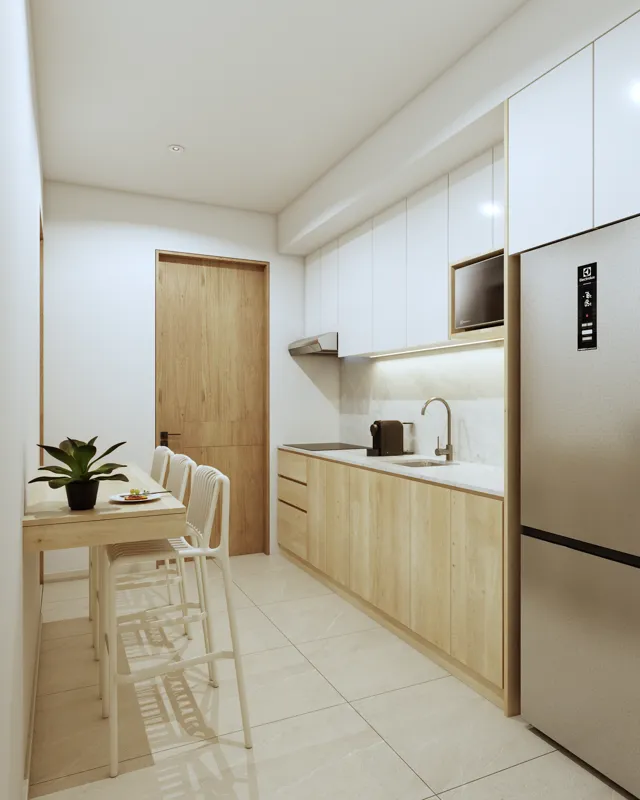 3D rendering of a modern, fully furnished kitchen and dining area in a Kalani 25 apartment. The kitchen features light wood base cabinets, white upper cabinets, white stone countertops, a stainless steel refrigerator, induction cooktop, built-in m...