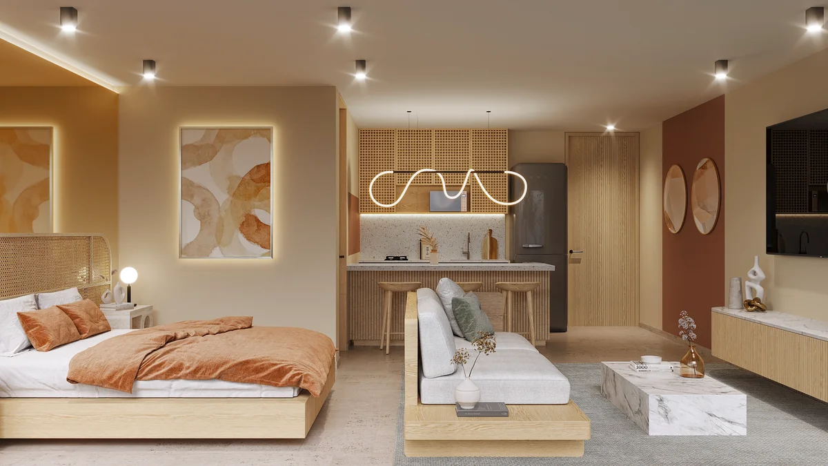 Image of a Studio Apartment, featuring Open-Concept Living and Modern Kitchenette.