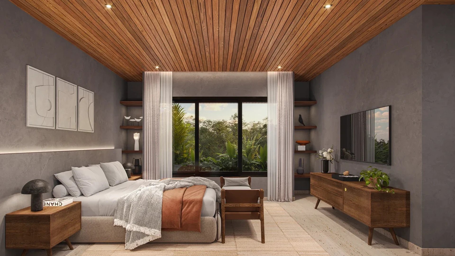 View of Modern Bedroom at Punta Playa, showcasing Wood Plank Ceiling, Luxury Interior.