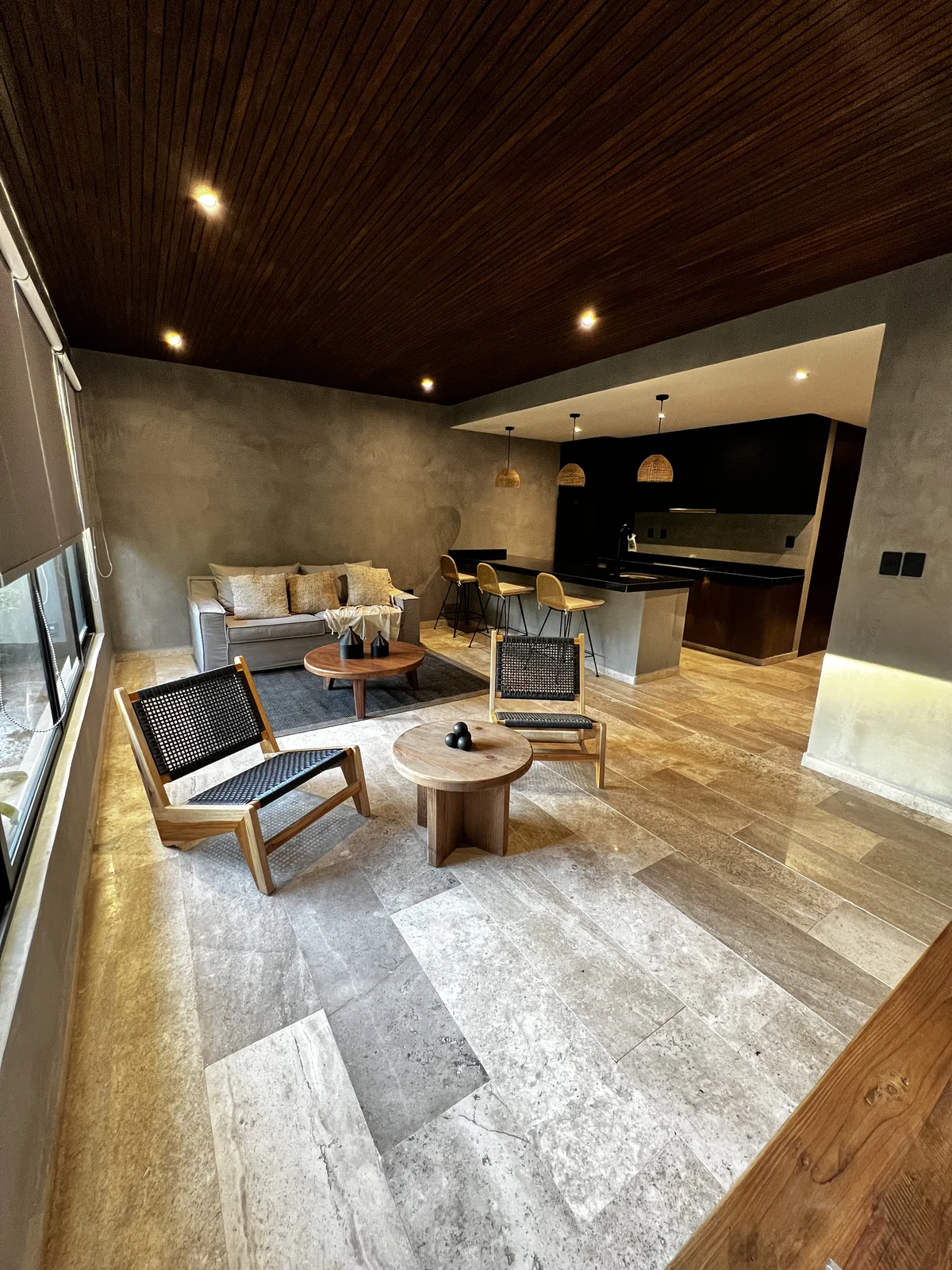 View of Open Concept Living at Punta Playa, showcasing Modern Interior, Wood Ceiling.