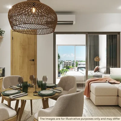 View of Open Concept Living at Costalina Residences, showcasing Modern Kitchen, Dining Area.