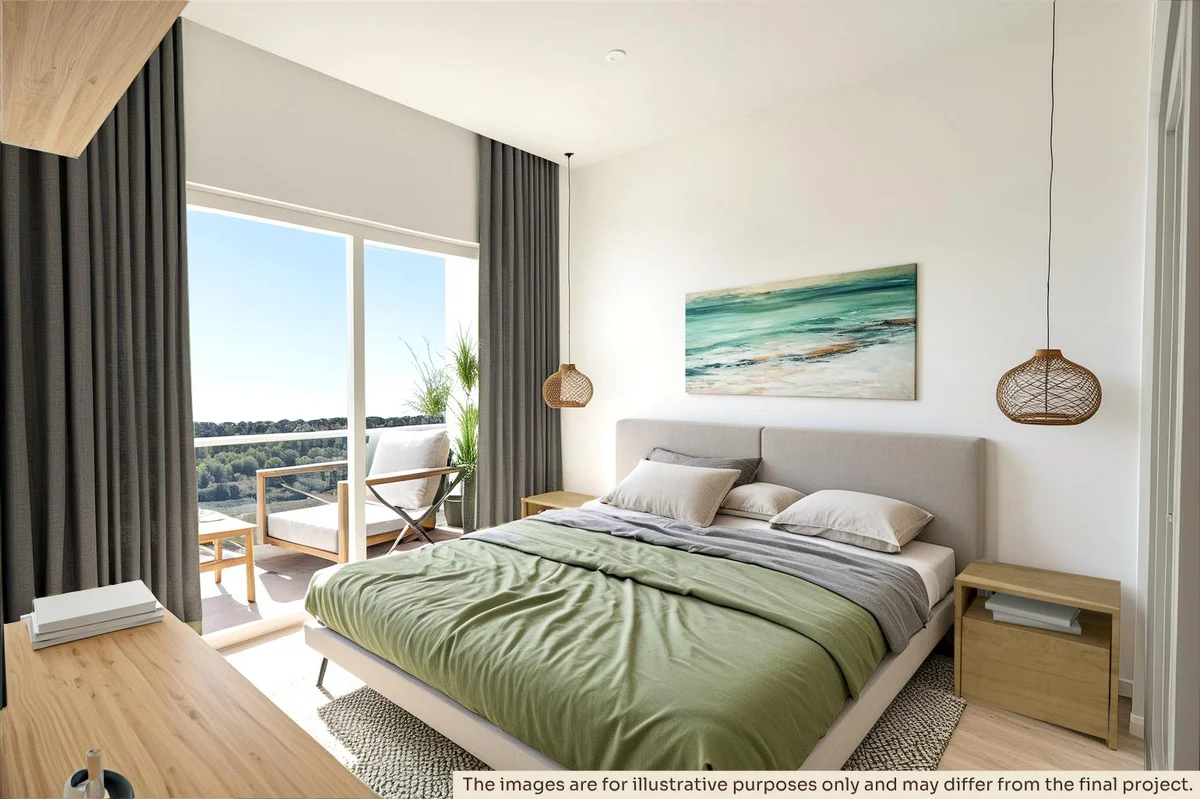 View of Modern Bedroom at Costalina Residences, showcasing Private Balcony, Exterior View.