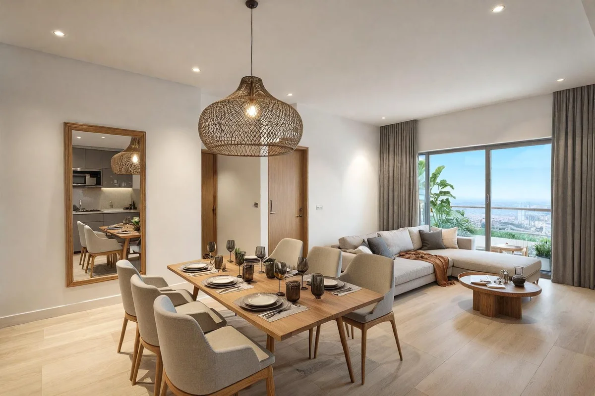 View of Open Concept Living at Costalina Residences, showcasing Modern Dining Area, Cityscape View.