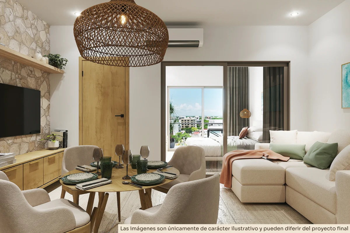 View of Modern Living Room at Costalina Residences, showcasing Dining Area, Open Concept Layout.