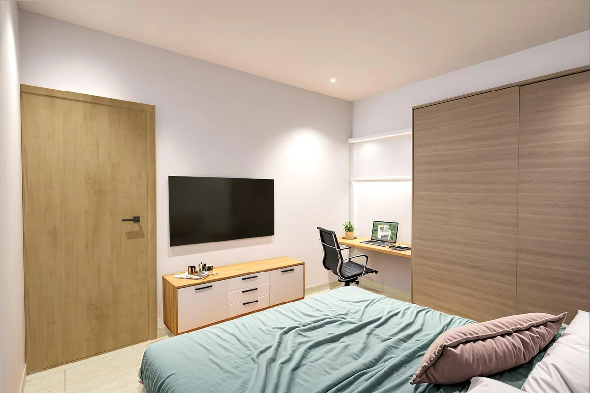 View of Modern Bedroom at Costalina Residences, showcasing Home Office Nook, Contemporary Design.