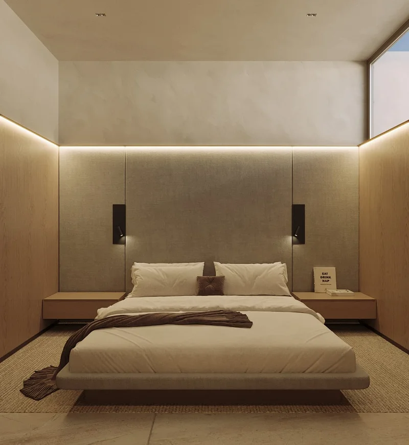 View of Modern Bedroom at Spirit 1978, showcasing Minimalist Design, Floating Bed.
