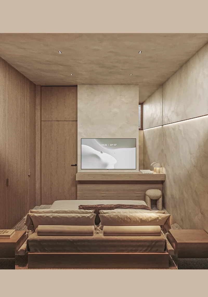 View of Modern Bedroom at Spirit 1978, showcasing Neutral Tones, Minimalist Design.